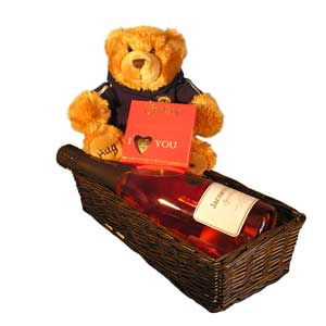 Teddy, wine and chocolates gift basket